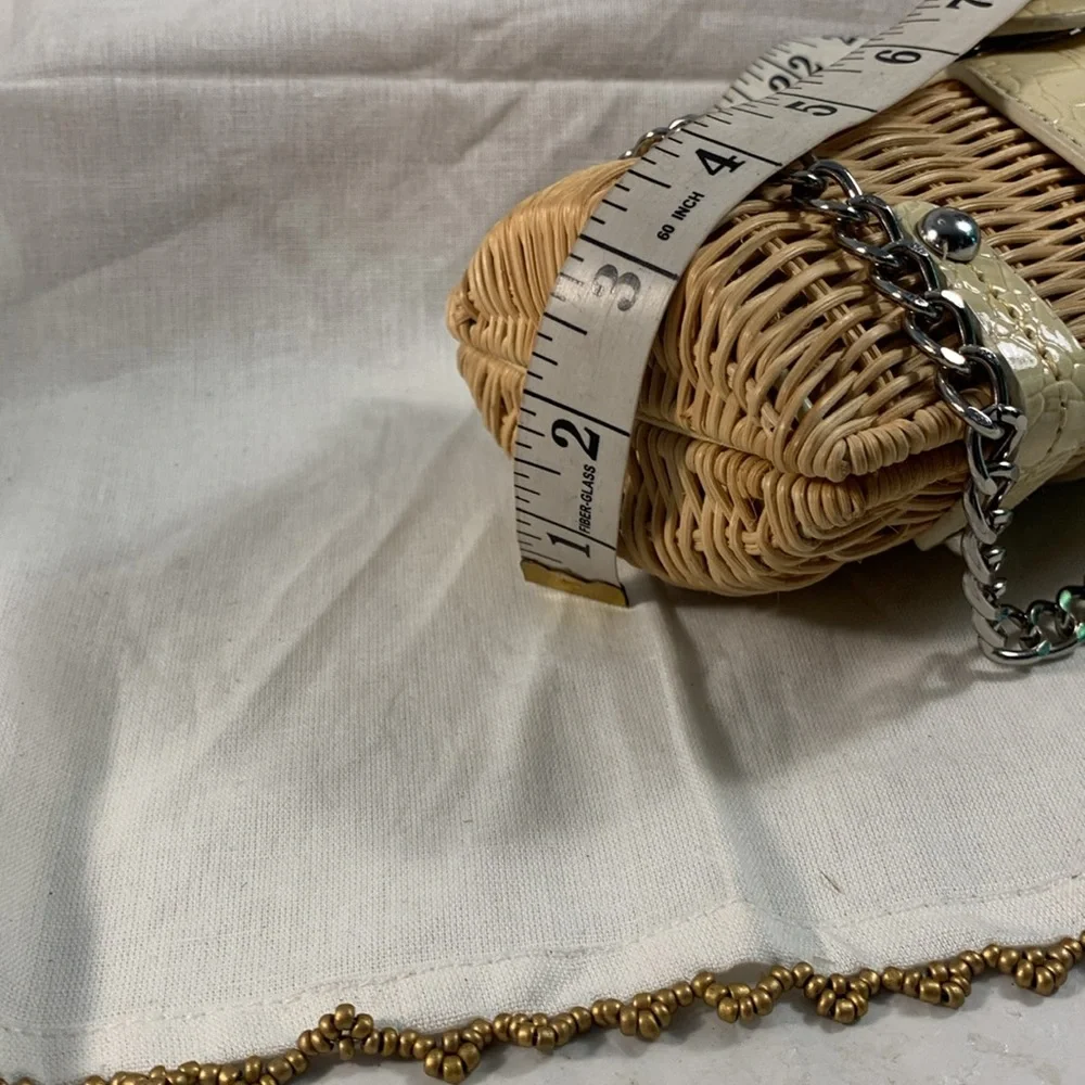 Women’s Beige and Cream Wicker and Reptile Print Patent Leather Chain Strap Bag